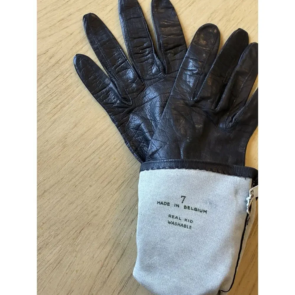 Vtg 50s Black REAL KIDSKIN Leather Gloves Sz 7 Belgium Opera Silk Lined Long 14”